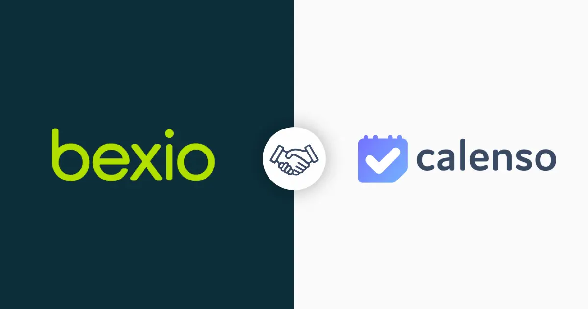 Bexio und Calenso Logos mit Handedruck in der Mitte