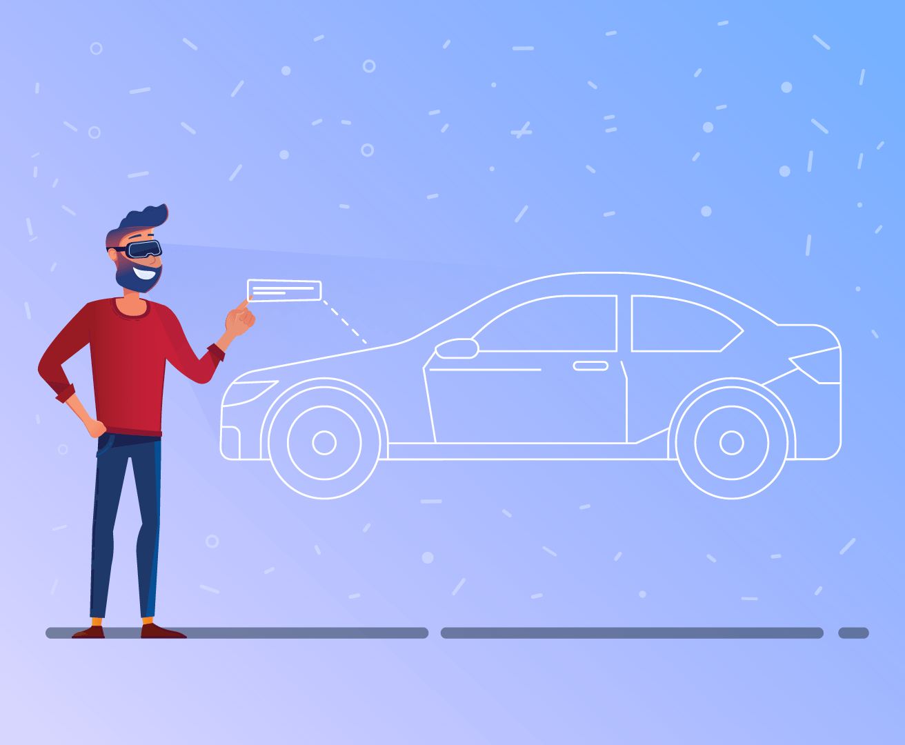 Mann mit VR Brille sieht sich ein digitales Auto an