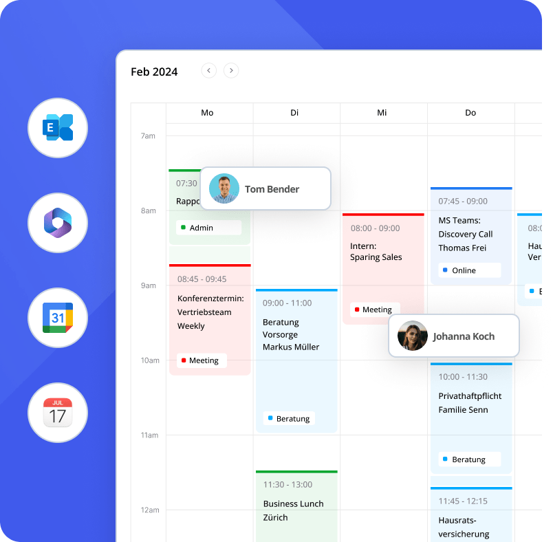 Screenshot einer Kalenderoberfläche mit geplanten Terminen und Besprechungen, in der die flexiblen Planungsfunktionen hervorgehoben werden.
