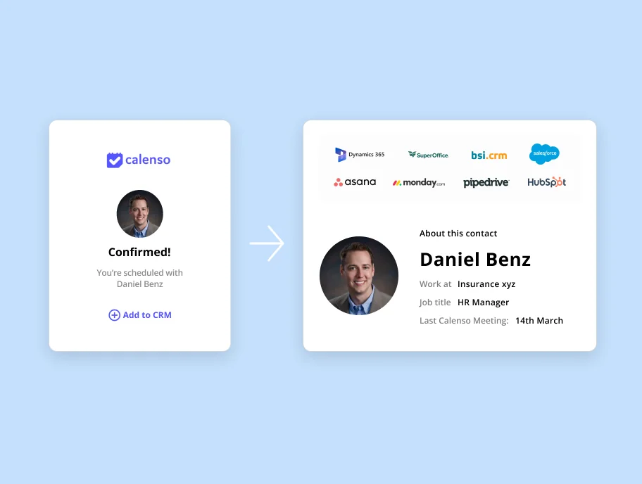 Bestätigung eines Meetings mit Daniel Benz in Calenso und Option zum Hinzufügen in CRM. Details zu Daniel Benz: Arbeit bei Insurance xyz als HR Manager, letztes Calenso-Meeting am 14. März. Logos von CRM-Systemen wie Dynamics 365, Salesforce und HubSpot.
