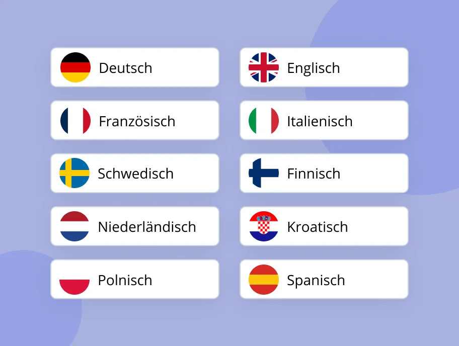 Liste von Sprachen mit Flaggen: Deutsch, Englisch, Französisch, Italienisch, Schwedisch, Finnisch, Niederländisch, Kroatisch, Polnisch, Spanisch.