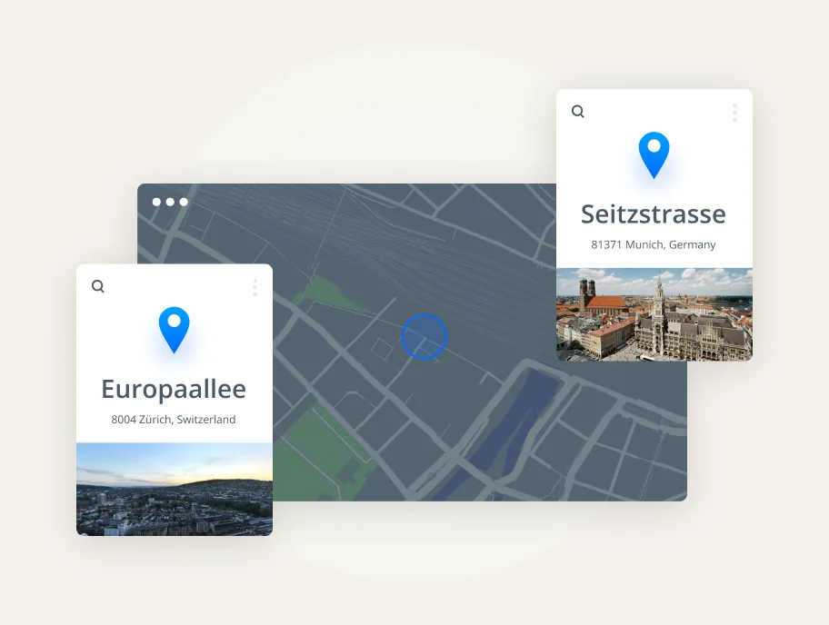 Karte mit Markierungen für die Europaallee in Zürich, Schweiz, und die Seitzstrasse in München, Deutschland.