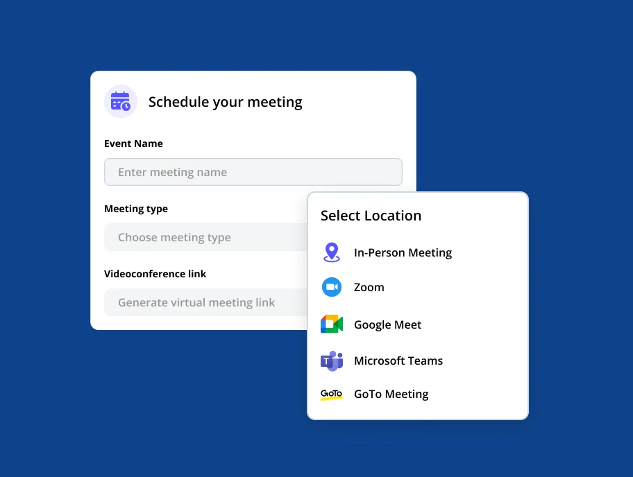 Planungsseite für ein Meeting mit Feldern zur Eingabe des Event-Namens, Auswahl des Meeting-Typs und Generierung eines Videokonferenz-Links. Optionen für den Standort: In-Person Meeting, Zoom, Google Meet, Microsoft Teams, GoTo Meeting.