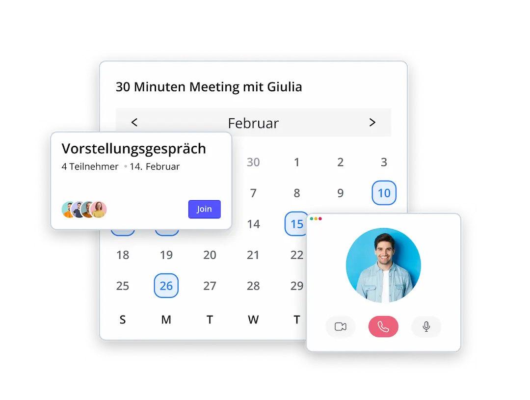 Kalenderansicht eines 30-Minuten-Meetings mit Giulia im Februar. Ein Vorstellungsgespräch mit vier Teilnehmern ist für den 14. Februar geplant. Bild eines Teilnehmers mit Optionen für Videoanruf, Anruf und Stummschaltung.