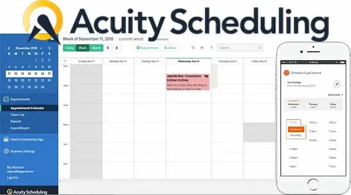 Acuity Scheduling-Seite mit Wochenübersicht und einem geplanten Termin, sowie einer Smartphone-Ansicht der Terminbuchung.