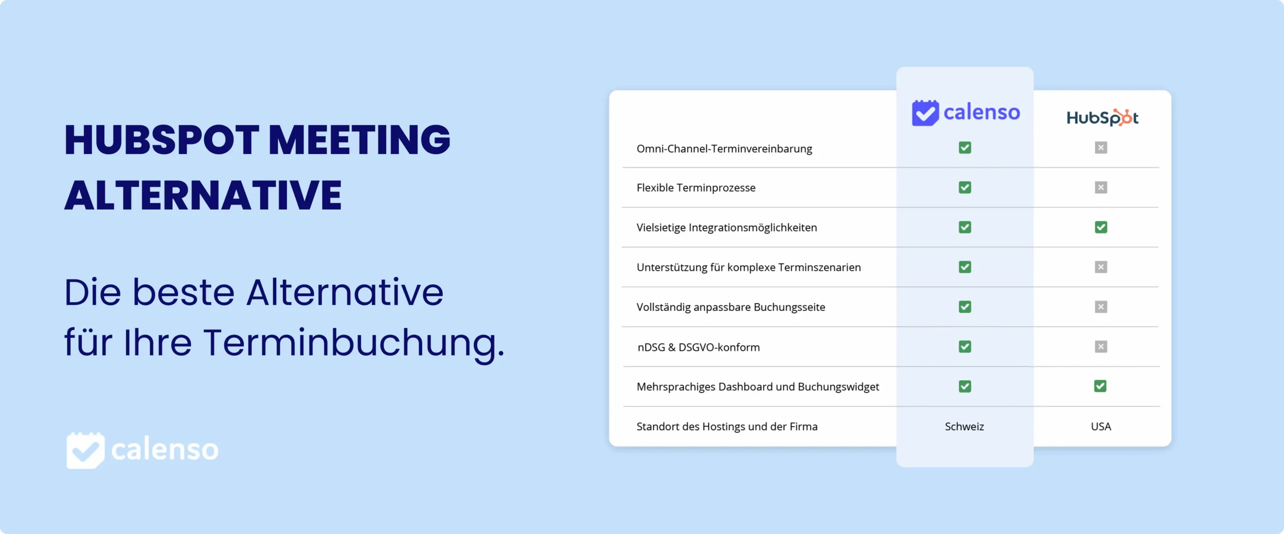 Grafikvergleich zwischen Calenso und HubSpot als Terminbuchungssysteme. Calenso wird als die beste Alternative für Terminbuchungen hervorgehoben.
