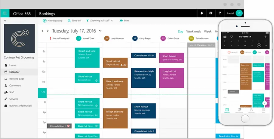 Office 365 Bookings-Seite für Contoso Pet Grooming mit einem Kalender, der Termine für den 17. Juli 2016 anzeigt. 