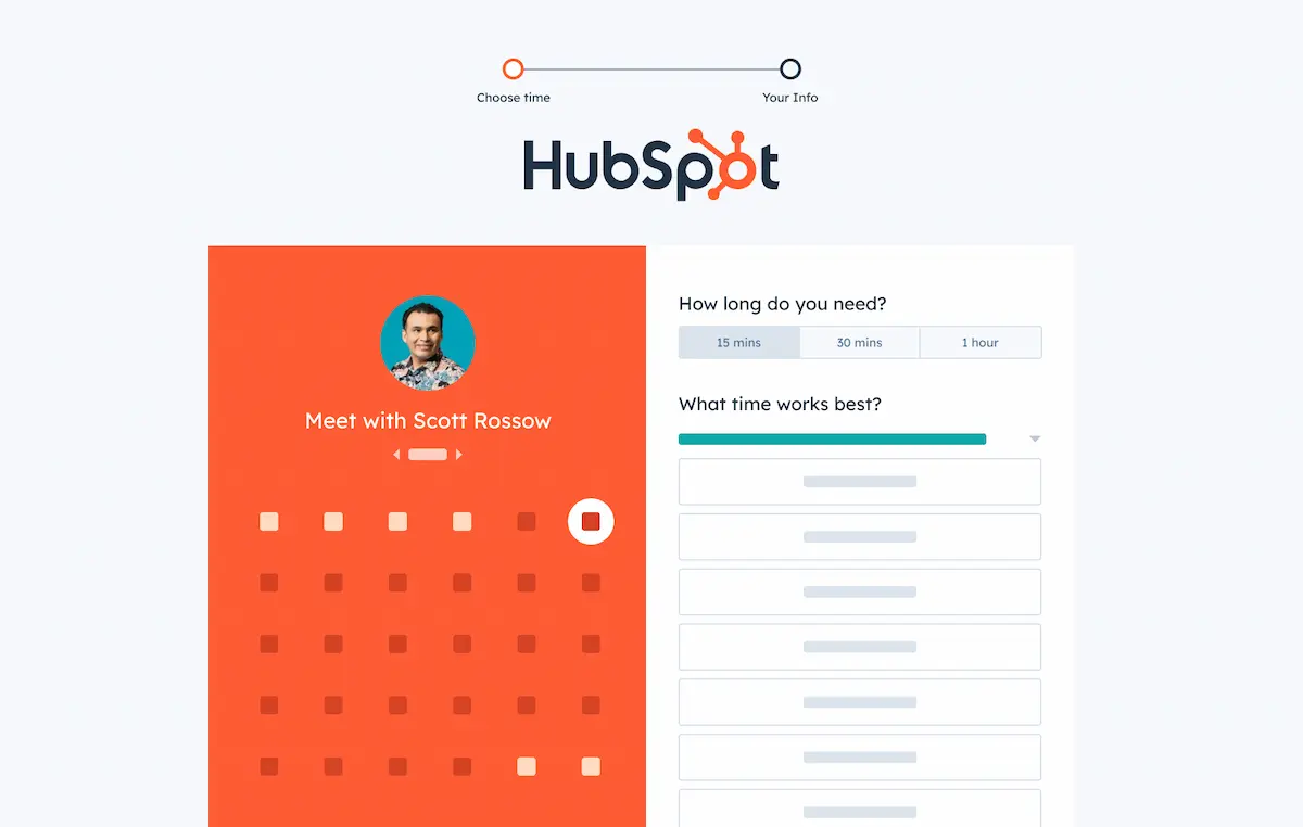 HubSpot Meeting-Planungsseite mit einer Auswahl für die Dauer des Meetings (15 Minuten, 30 Minuten, 1 Stunde) und einer Liste verfügbarer Zeiten für die Terminplanung.