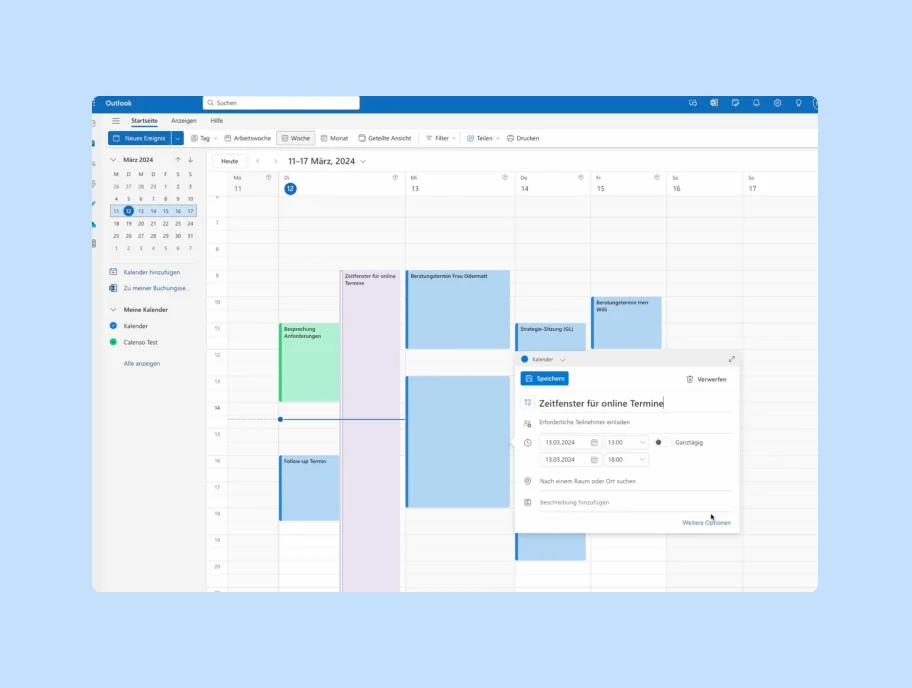 Outlook-Kalenderansicht für die Woche vom 11. bis 17. März 2024 mit mehreren Terminen.