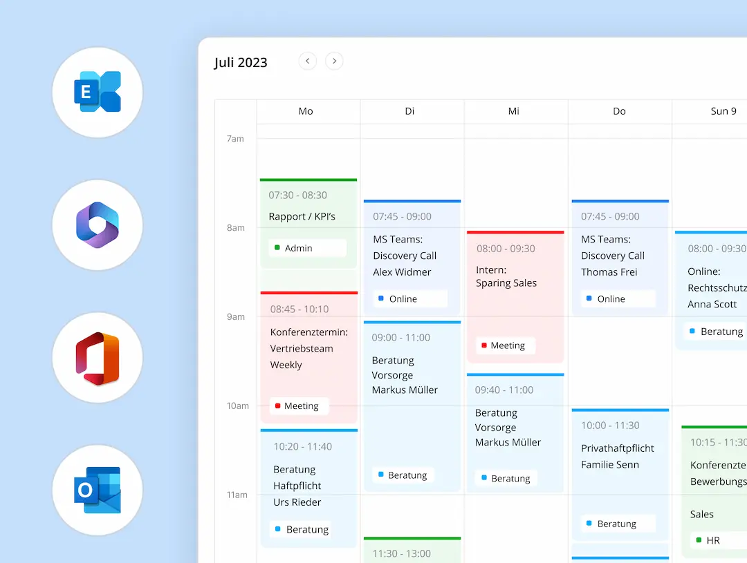 Kalenderansicht für Juli 2023 mit verschiedenen Meetings und Beratungen. Links Symbole für Exchange, Teams und Outlook.